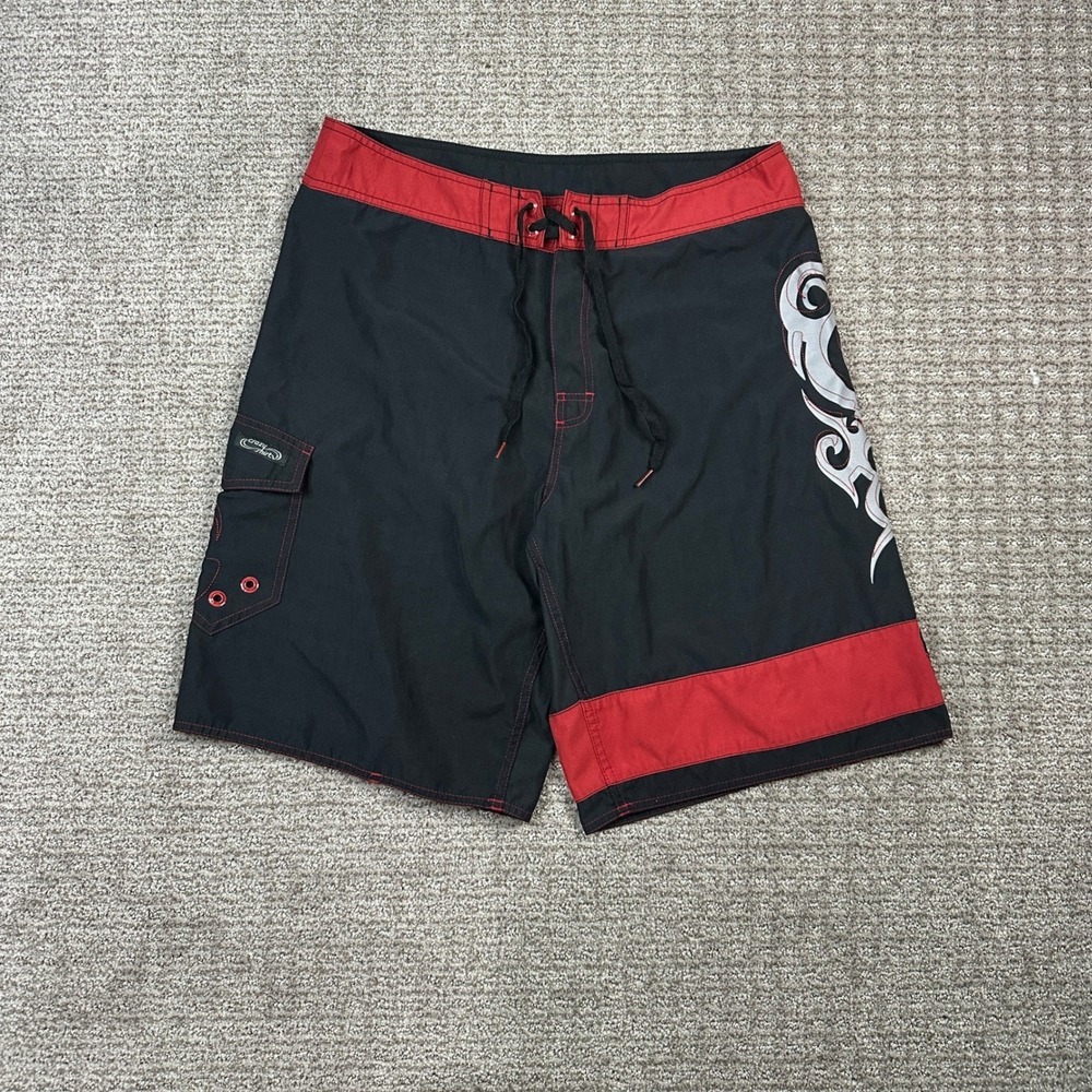 Crazy Shirts Hawaii Board Shorts Mens 34 Black Red Tribal Graphic Recycled 00622